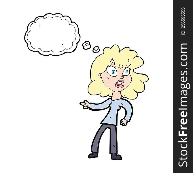 Cartoon Worried Woman Pointing With Thought Bubble