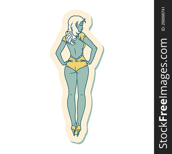 sticker of tattoo in traditional style of a pinup swimsuit girl. sticker of tattoo in traditional style of a pinup swimsuit girl