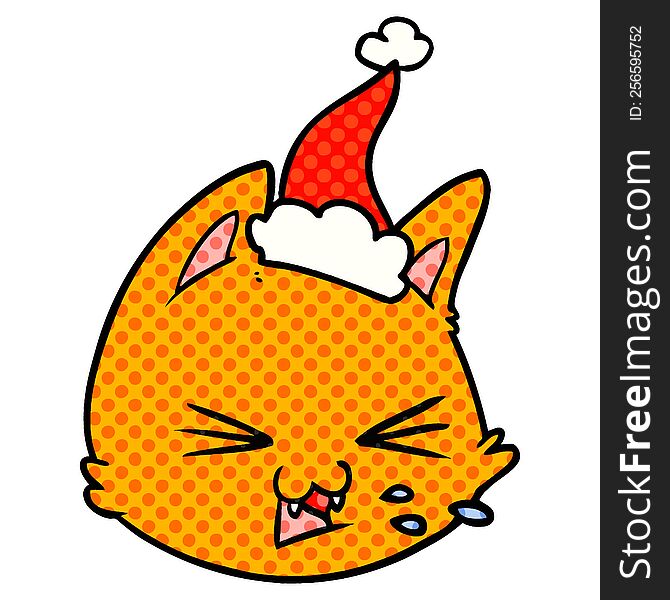 spitting hand drawn comic book style illustration of a cat face wearing santa hat