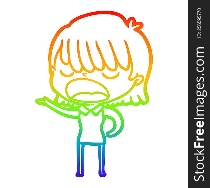 rainbow gradient line drawing of a cartoon woman talking loudly