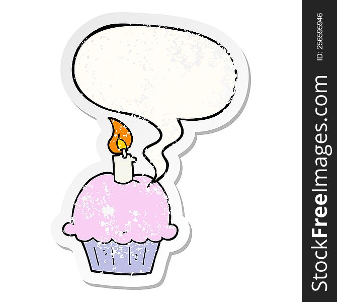 cartoon birthday cupcake with speech bubble distressed distressed old sticker. cartoon birthday cupcake with speech bubble distressed distressed old sticker