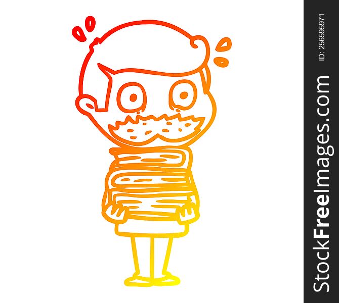 warm gradient line drawing of a cartoon man with mustache and books
