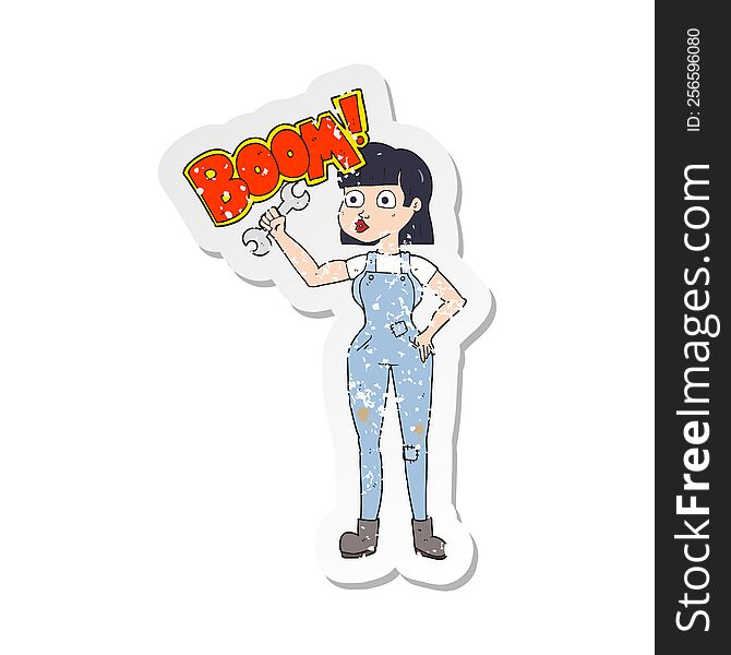 retro distressed sticker of a cartoon mechanic woman
