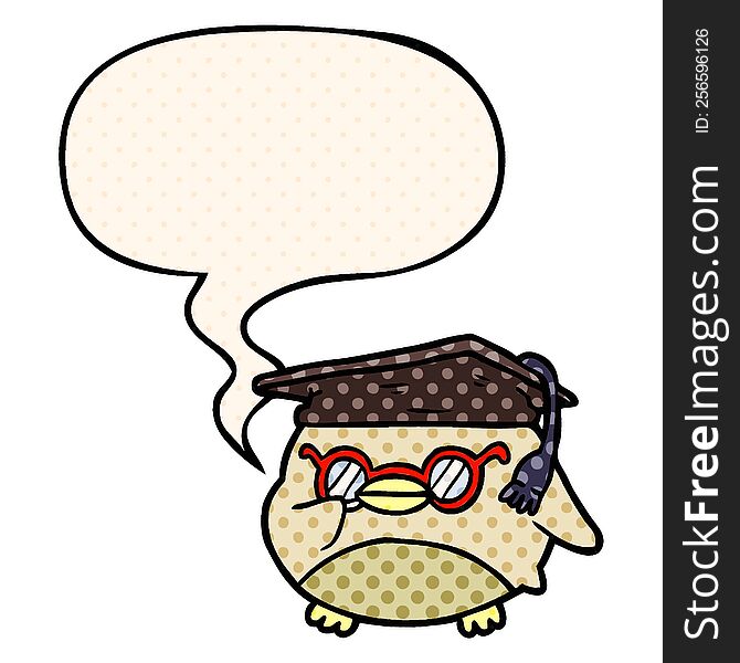 cartoon clever old owl with speech bubble in comic book style