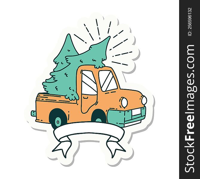 sticker of a tattoo style truck carrying trees