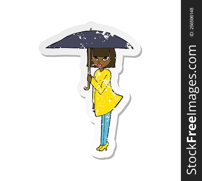 Retro Distressed Sticker Of A Cartoon Woman With Umbrella