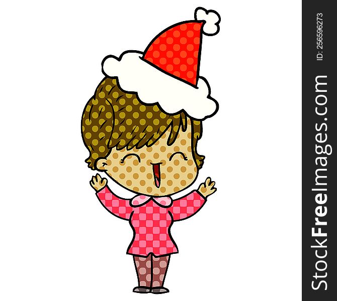 hand drawn comic book style illustration of a laughing woman wearing santa hat