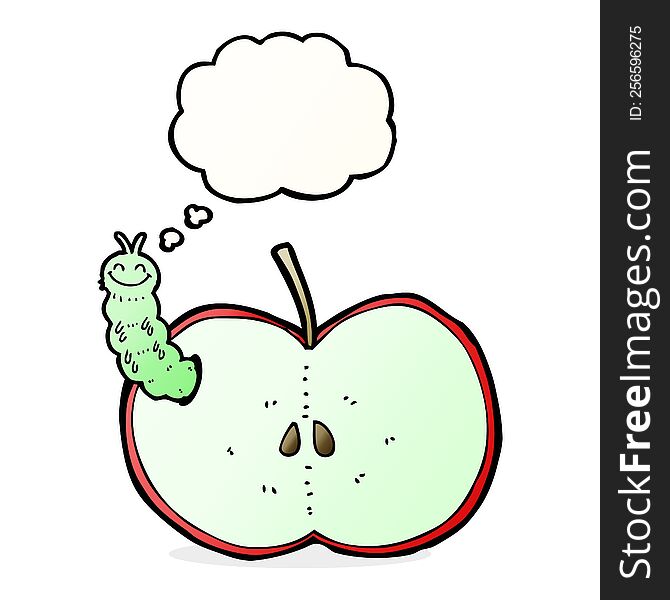cartoon bug eating apple with thought bubble