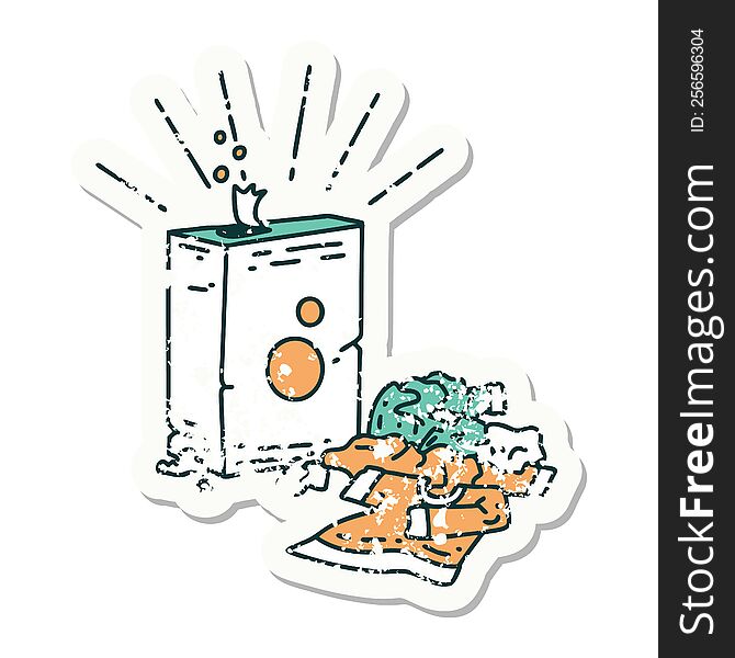 grunge sticker of tattoo style detergent and pile of clothes