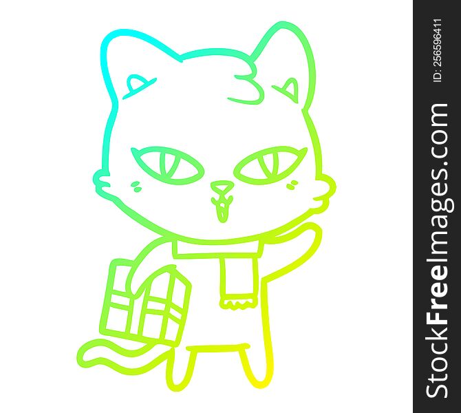 Cold Gradient Line Drawing Cartoon Cat With A Present