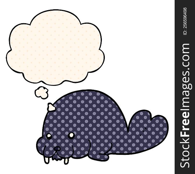cute cartoon walrus with thought bubble in comic book style