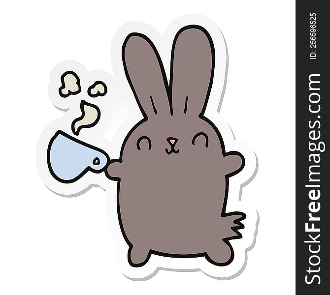Sticker Of A Cute Cartoon Rabbit With Coffee Cup