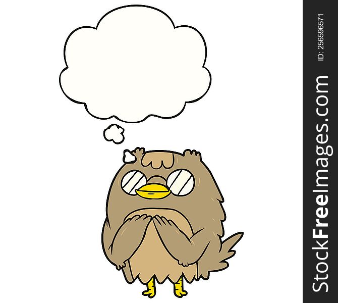 cartoon wise old owl with thought bubble. cartoon wise old owl with thought bubble