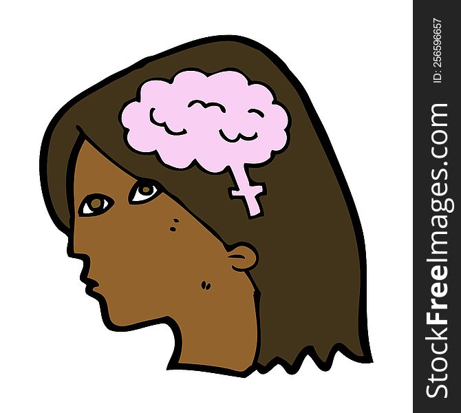 cartoon female head with brain symbol