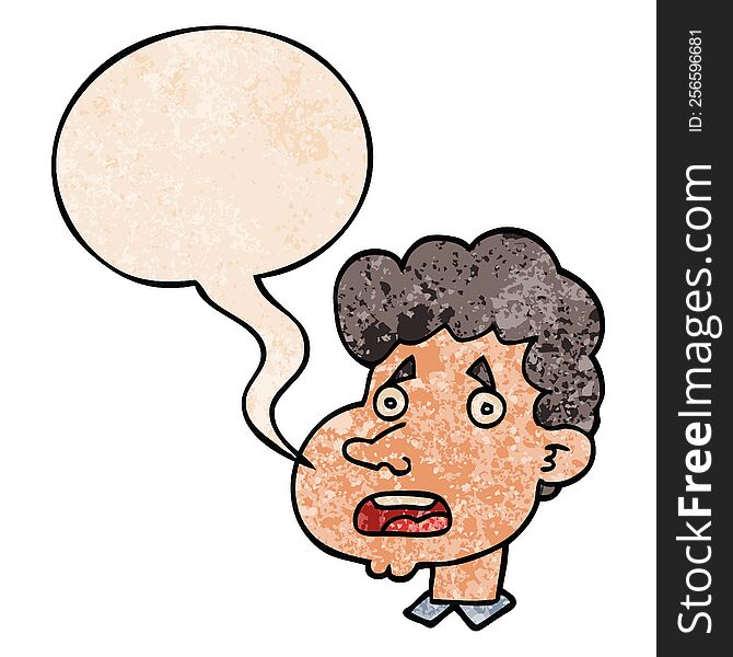 cartoon shocked man with speech bubble in retro texture style