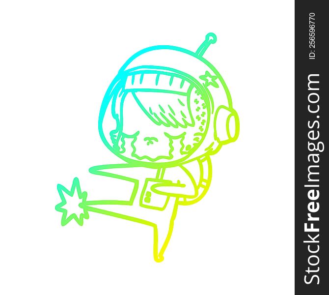 cold gradient line drawing of a cartoon crying astronaut girl kicking