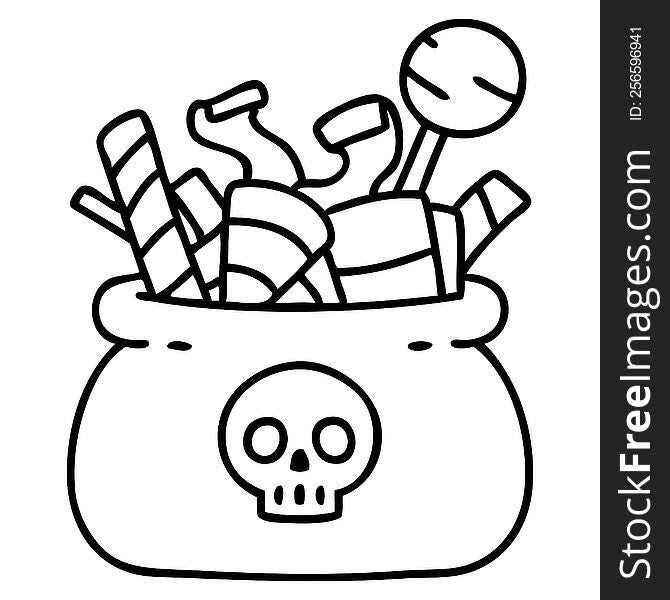 line doodle of a halloween candy bag full of treats. line doodle of a halloween candy bag full of treats