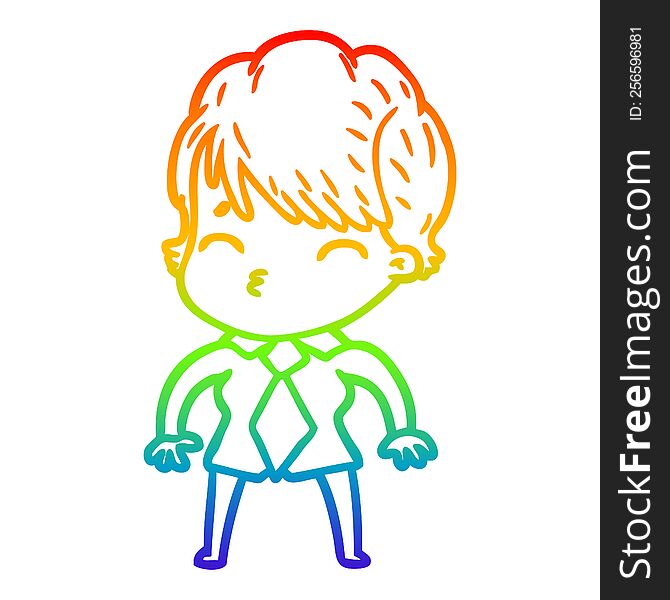 Rainbow Gradient Line Drawing Cartoon Woman Thinking