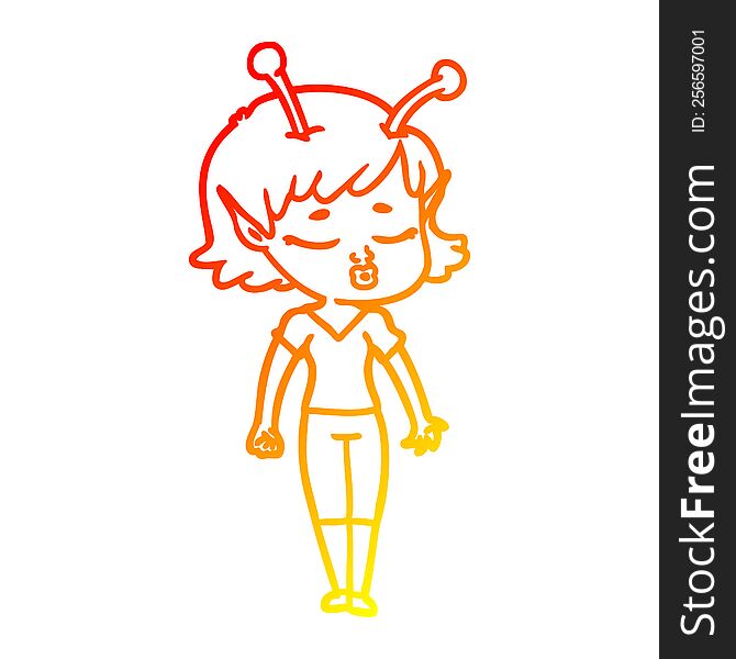 warm gradient line drawing of a cute alien girl cartoon