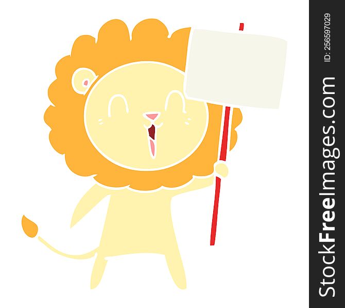 Laughing Lion Flat Color Style Cartoon With Placard