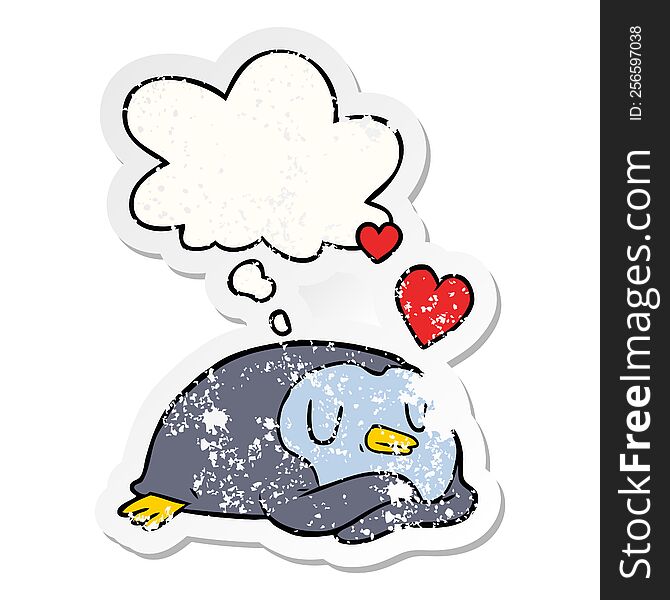cartoon penguin in love with thought bubble as a distressed worn sticker