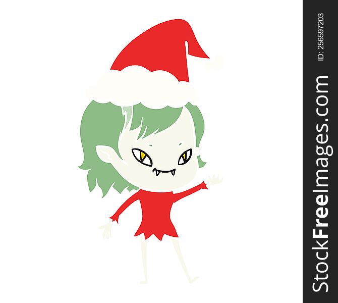 hand drawn flat color illustration of a friendly vampire girl wearing santa hat