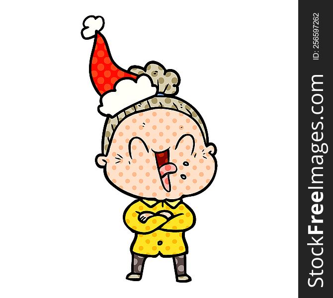 comic book style illustration of a happy old woman wearing santa hat