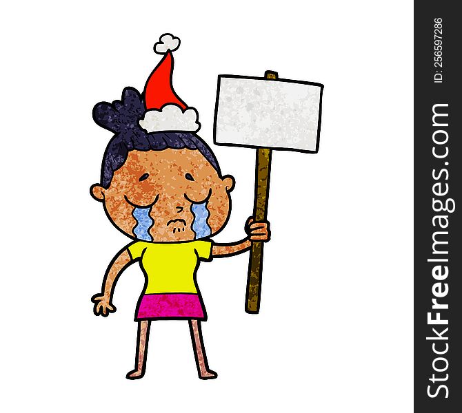 hand drawn textured cartoon of a crying woman with protest sign wearing santa hat