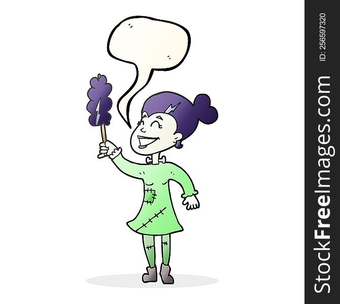 freehand drawn speech bubble cartoon undead monster lady cleaning