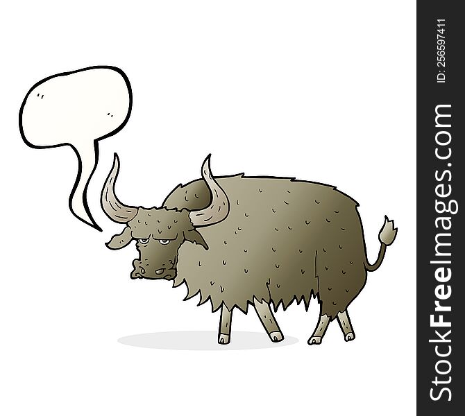 cartoon annoyed hairy cow with speech bubble