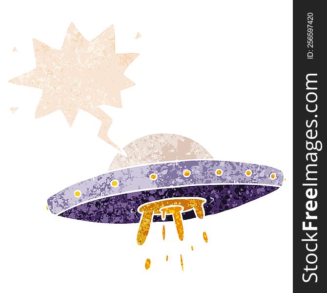 Cartoon Flying UFO And Speech Bubble In Retro Textured Style