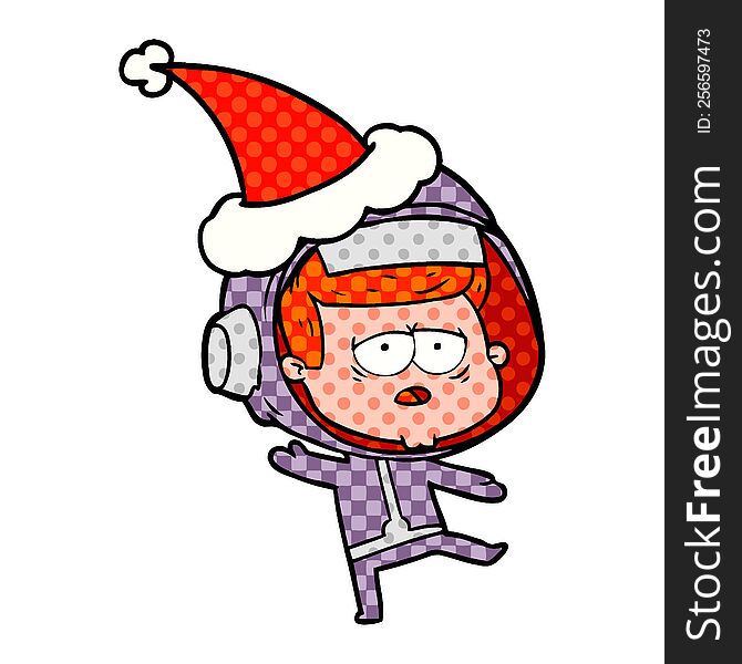 comic book style illustration of a tired astronaut wearing santa hat