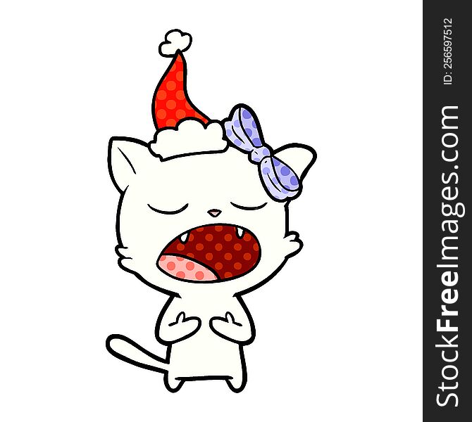 comic book style illustration of a cat meowing wearing santa hat