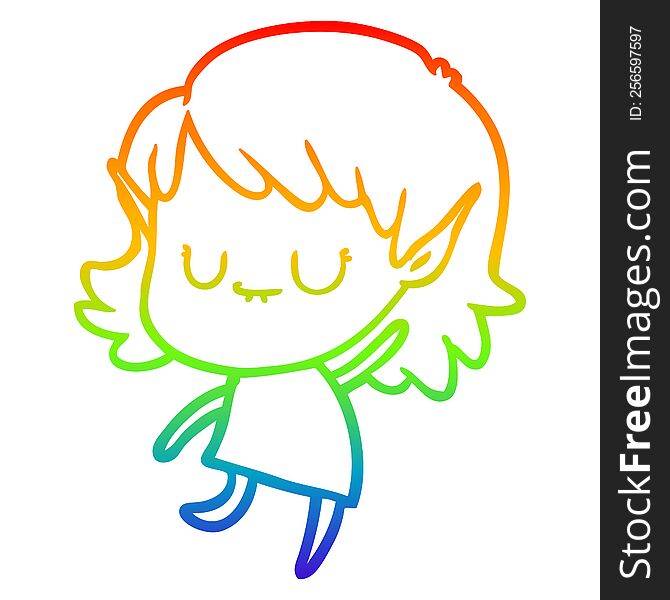 rainbow gradient line drawing of a happy cartoon elf girl wearing dress