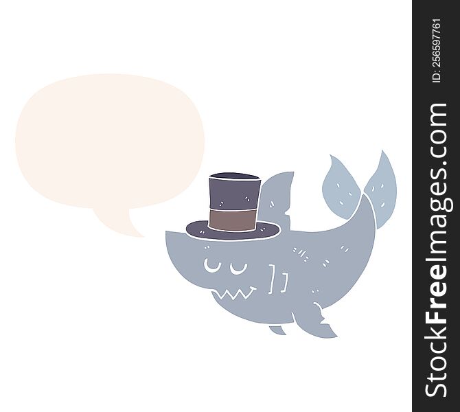 cartoon shark wearing top hat and speech bubble in retro style