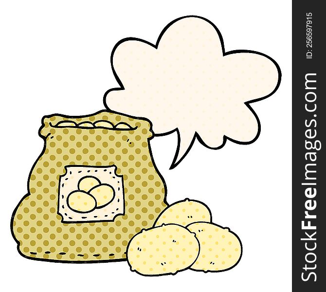 Cartoon Bag Of Potatoes And Speech Bubble In Comic Book Style