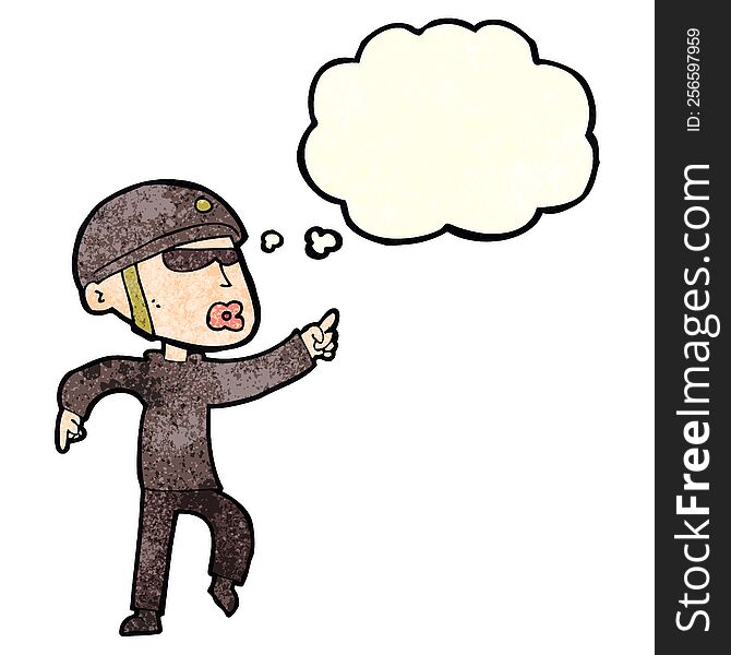 cartoon man in bike helmet pointing with thought bubble