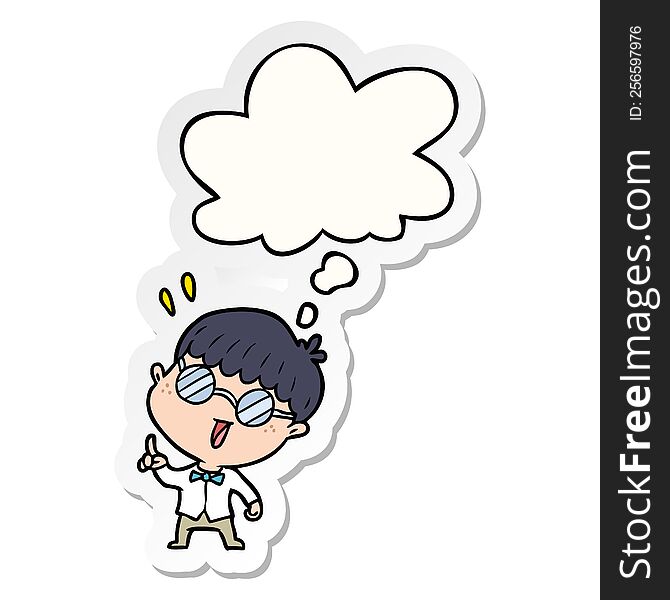 cartoon clever boy with thought bubble as a printed sticker