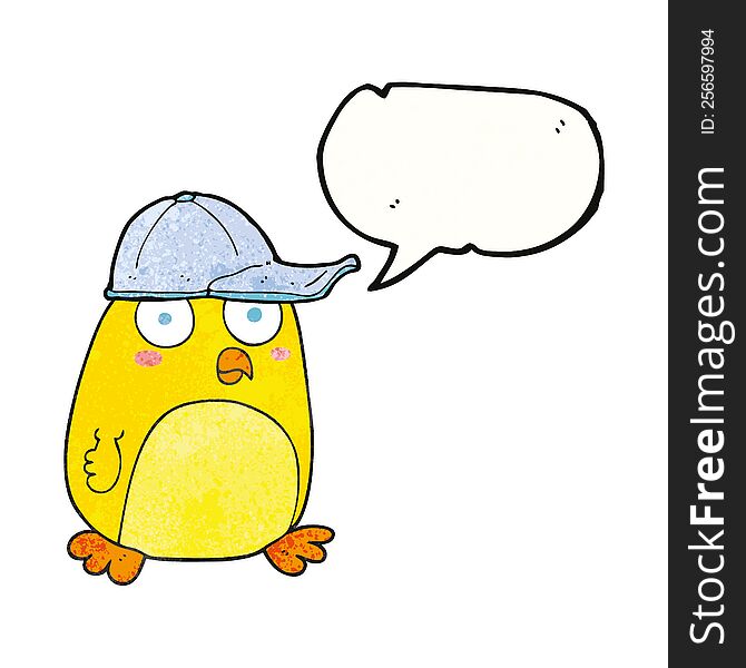 freehand speech bubble textured cartoon bird in cap