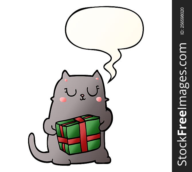 Cartoon Christmas Cat And Speech Bubble In Smooth Gradient Style