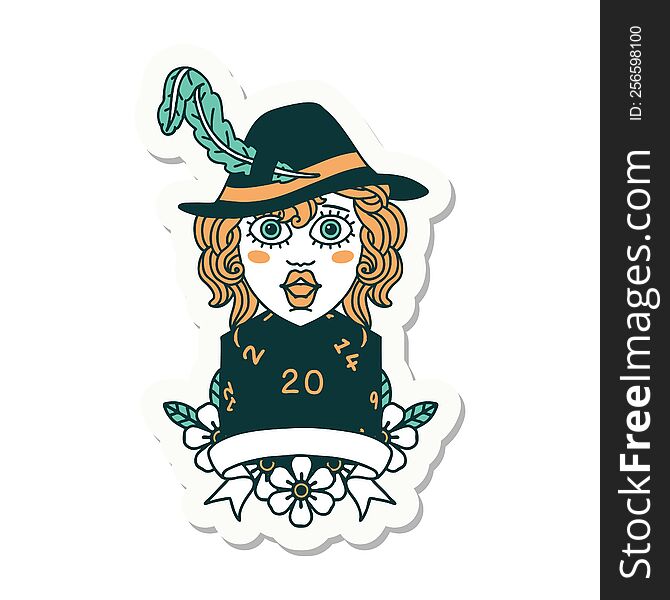 sticker of a human bard character with natural 20 dice roll. sticker of a human bard character with natural 20 dice roll