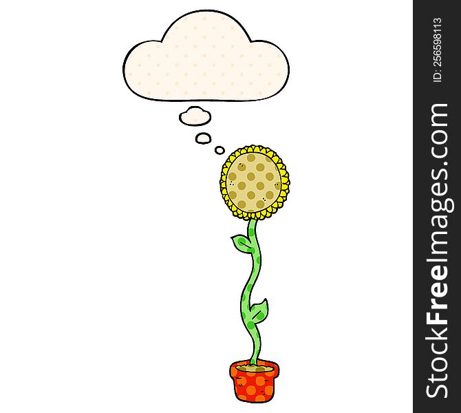 cartoon sunflower with thought bubble in comic book style