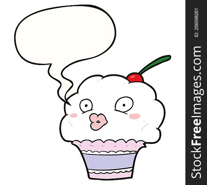 Funny Cartoon Cupcake And Speech Bubble