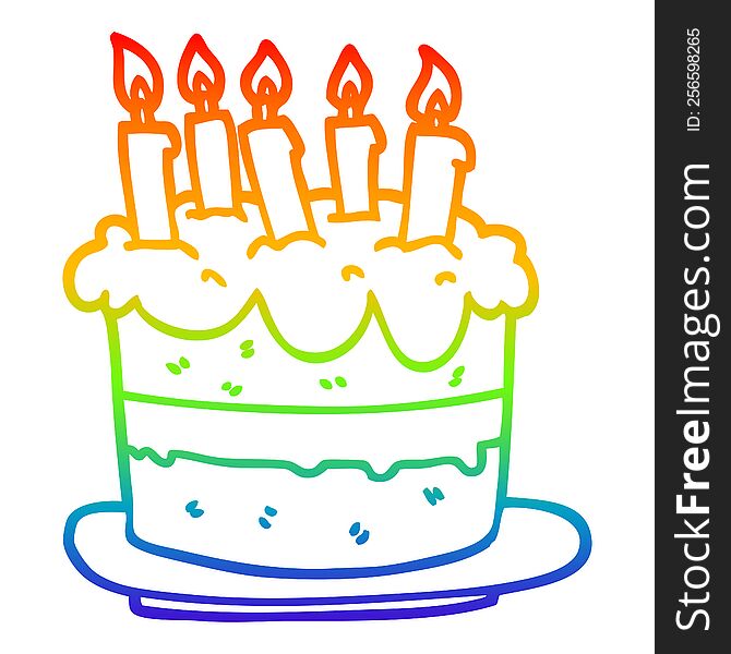 Rainbow Gradient Line Drawing Cartoon Birthday Cake