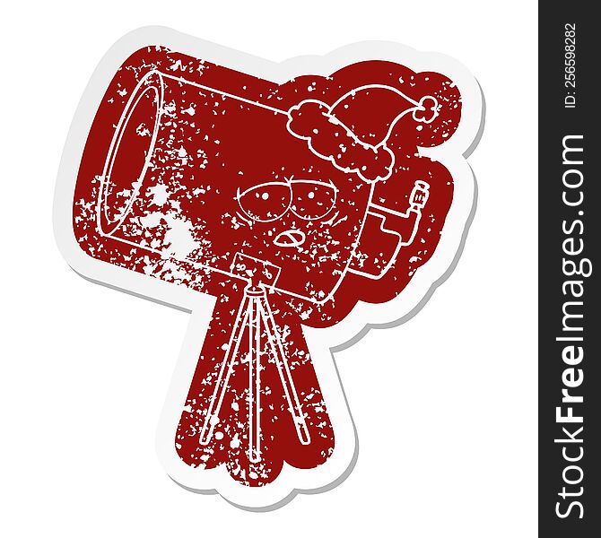 quirky cartoon icon of a bored telescope with face wearing santa hat