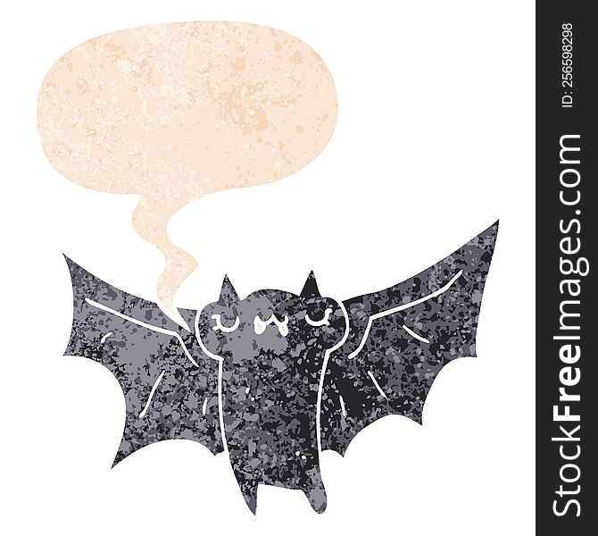 Cute Cartoon Halloween Bat And Speech Bubble In Retro Textured Style