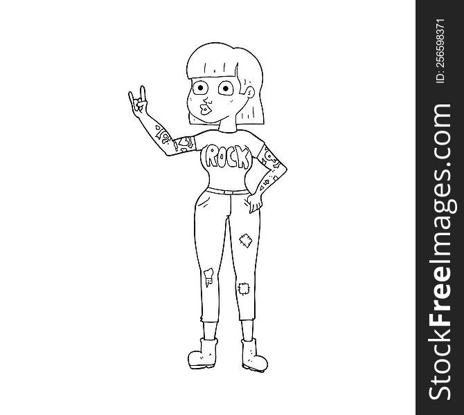 freehand drawn black and white cartoon rock girl