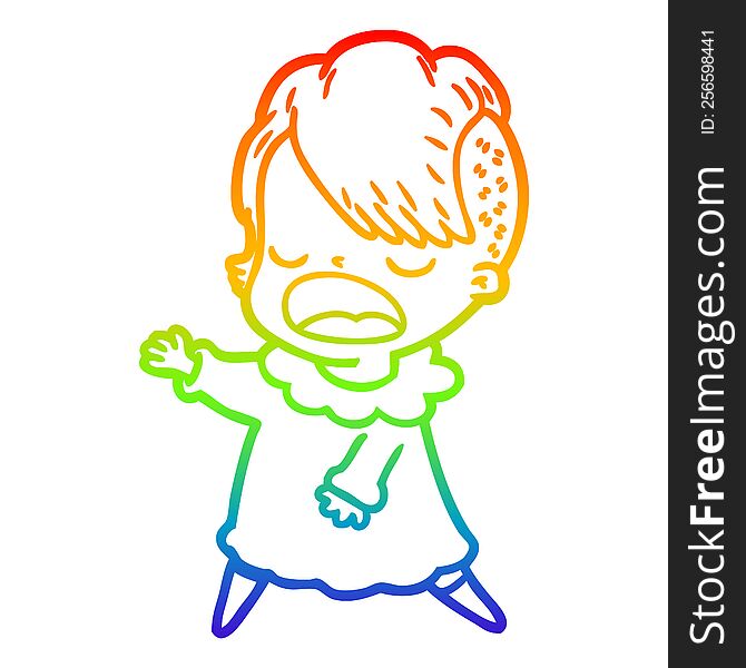 rainbow gradient line drawing of a cartoon cool hipster girl talking