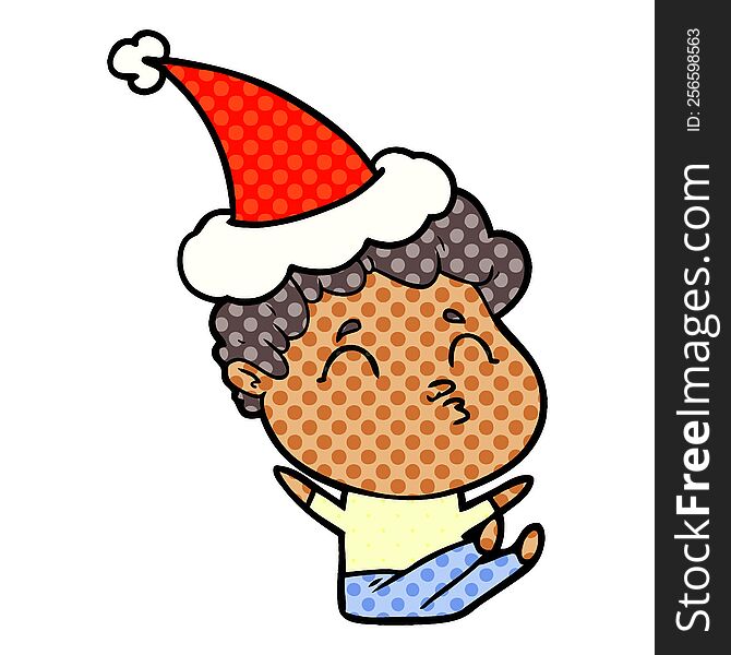 comic book style illustration of a man pouting wearing santa hat