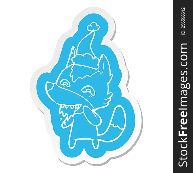 Cartoon  Sticker Of A Hungry Wolf Wearing Santa Hat